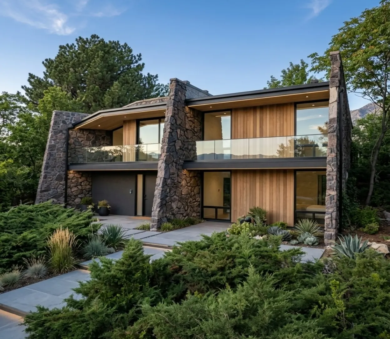 Contemporary stone-and-wood Utah home with mountain landscaping